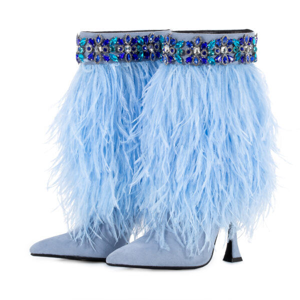 About SkyStruk, The Foxy Blue Suede Stiletto Boot With Premium Feathers
