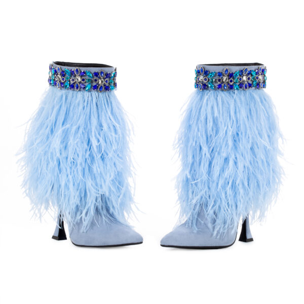 The Foxy Blue Suede Stiletto Boot With Premium Feathers