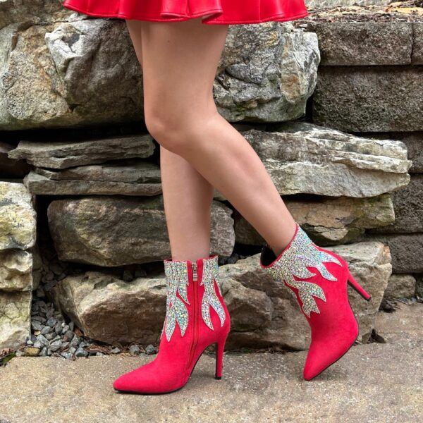 Red Suede High Heel Boot With Crystals