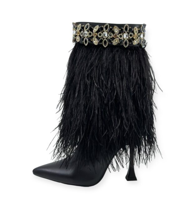 The Foxy Black Leather Stiletto Boot with Premium Feathers