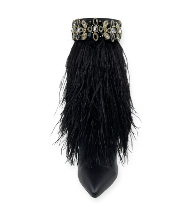 The Foxy Black Leather Stiletto Boot with Premium Feathers