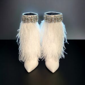 The Foxy White Leather Stiletto Boot with Premium Feathers
