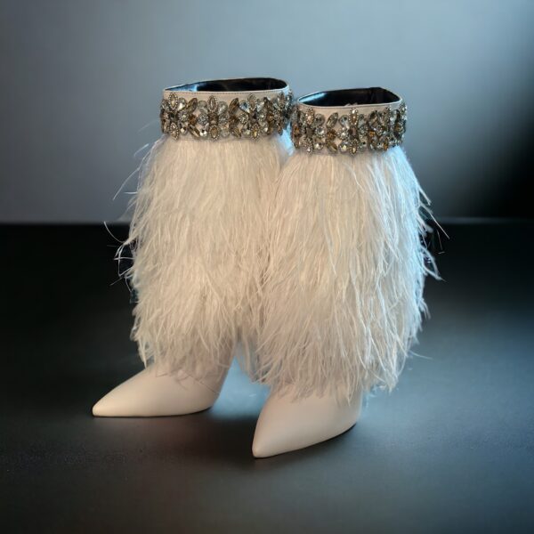 The Foxy White Leather Stiletto Boot with Premium Feathers