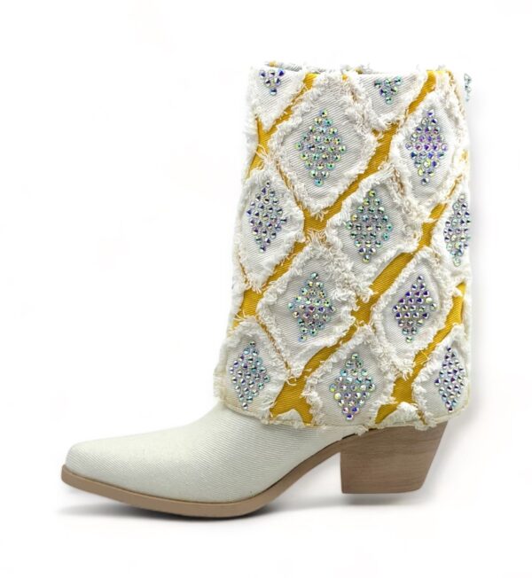 Gram Glam Off-White Denim Boot, Yellow Gold & White Cuff with Diamonds